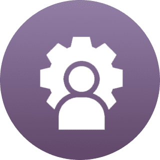 Icon of a person inside a gear on a purple circular background.