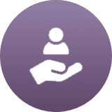 Icon of a hand holding a person symbol on a purple circular background.