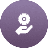 Hand holding a gear icon on a purple circular background.