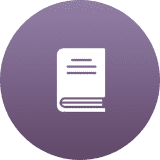 Icon of a closed book with text lines on a purple circular background.