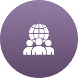 Icon of three people with a globe above them on a purple circle.