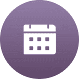 A white calendar icon on a purple circular background.