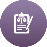 Icon of a clipboard with legal scales and a pen on purple background.