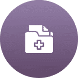 A medical file icon with a plus symbol on a purple circular background.