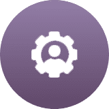 White gear and user icon on a purple circular background.