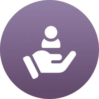 White hand holding a person icon on a purple circular background.