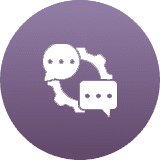 Two speech bubbles connected by gears on a purple circular background.