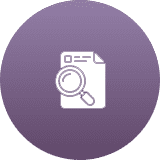 Magnifying glass over document icon on purple circle background.