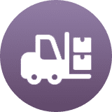 Icon of a forklift lifting two boxes on a purple circular background.
