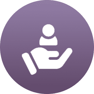 A hand holding a small person icon inside a purple circle.