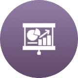 Presentation screen showing pie chart and bar graph icons.