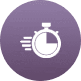 A stopwatch icon with motion lines on a purple circular background.