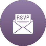 RSVP invitation icon with an envelope on a purple circular background.
