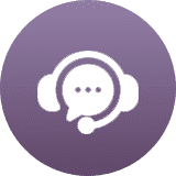 Headset with chat bubble icon on purple background.