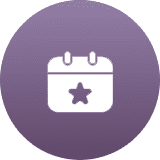 Calendar icon with a star symbol on a purple circular background.