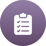 Clipboard checklist icon on a purple circular background.