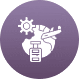 Icon showing vaccine, airplane, globe, and virus symbol.