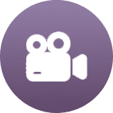Icon of a white vintage movie camera on a purple circular background.