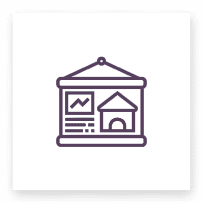 Icon of a presentation board with graphs and a house symbol.