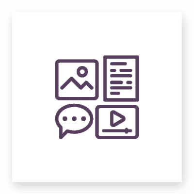 Icon representing multimedia content with image, text, chat, and video symbols.