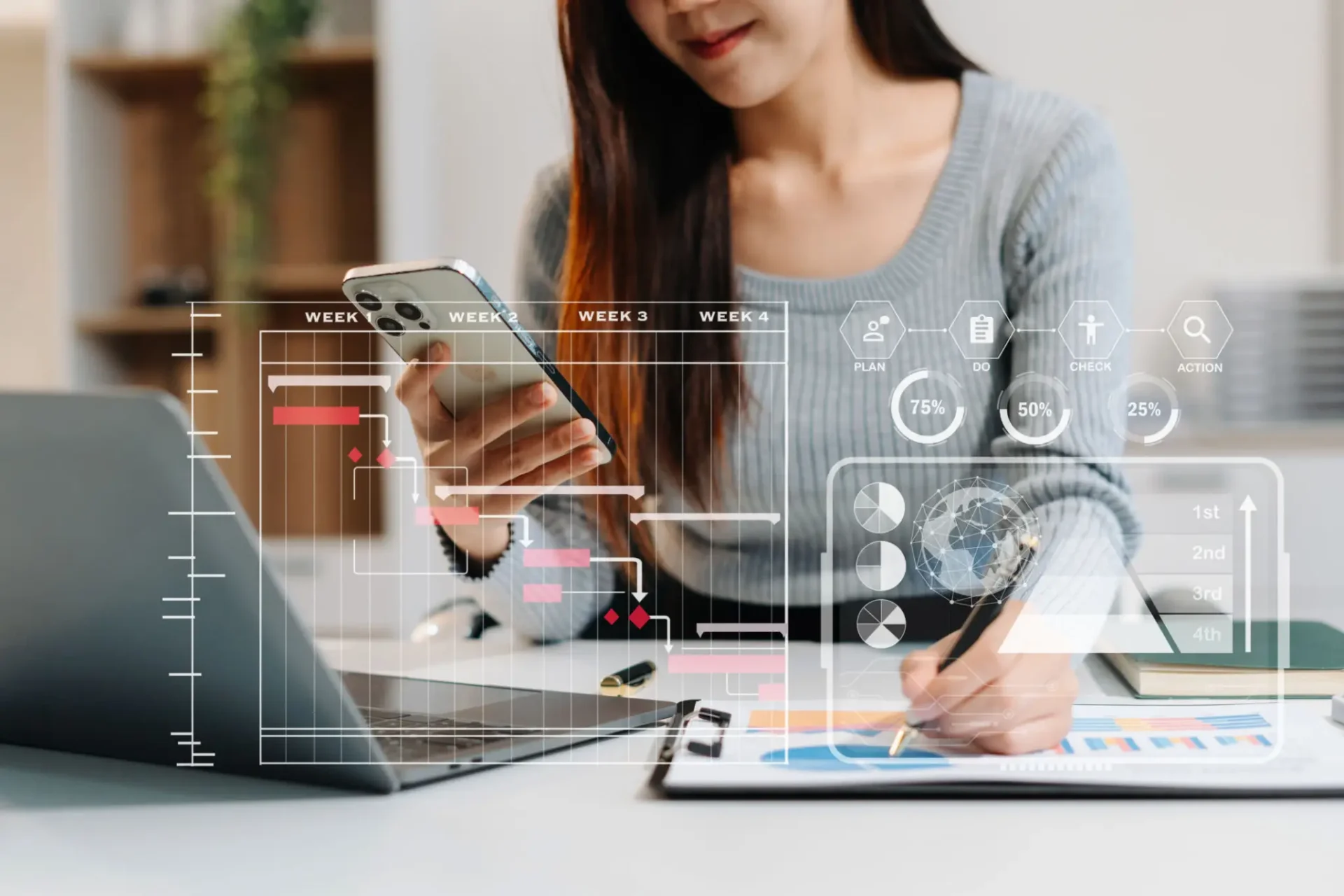 Woman using smartphone and laptop with digital data overlays.