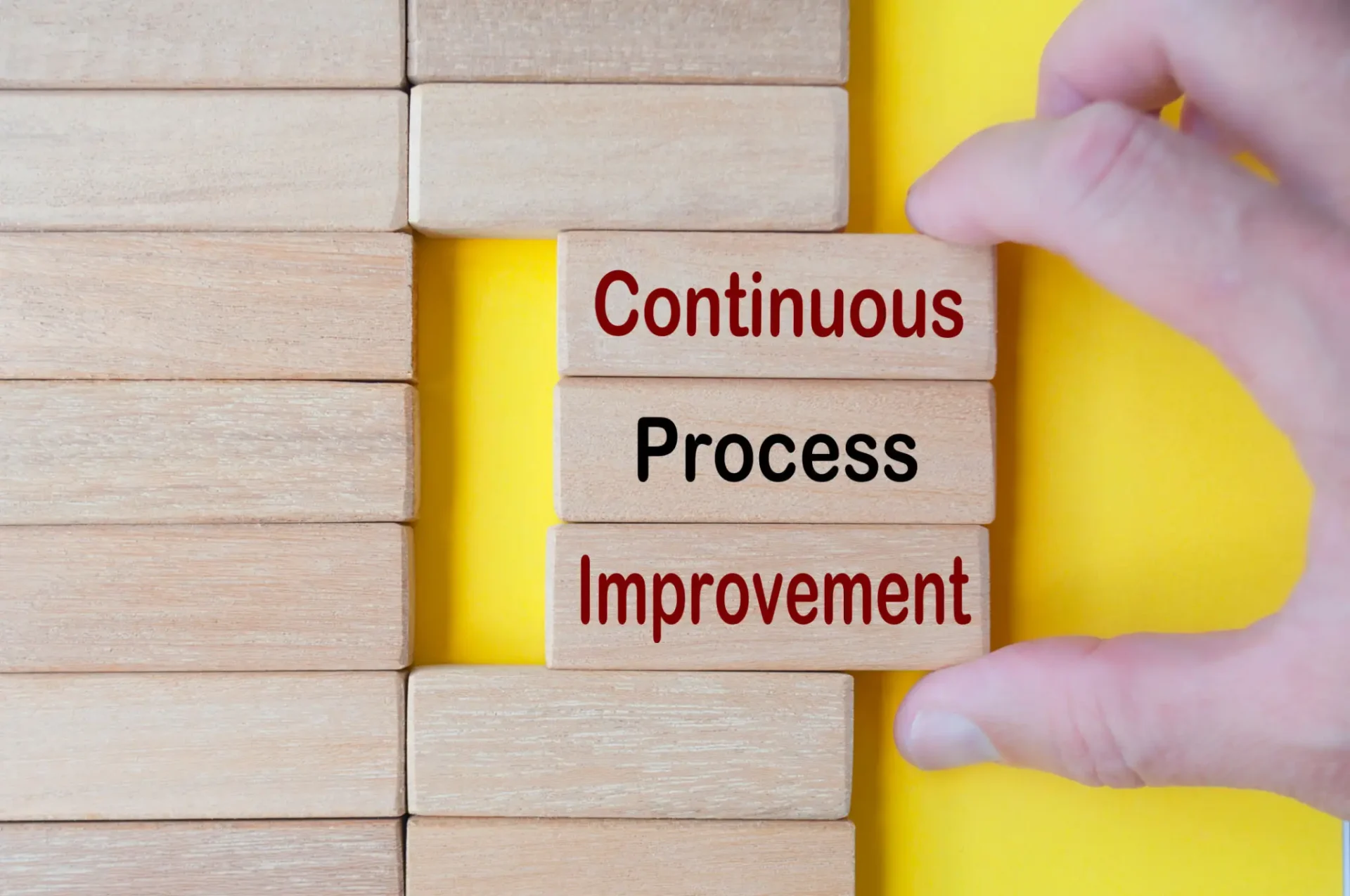 Hand placing wooden blocks labeled Continuous Process Improvement.