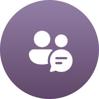 Icon showing two people with a speech bubble on a purple gradient background.