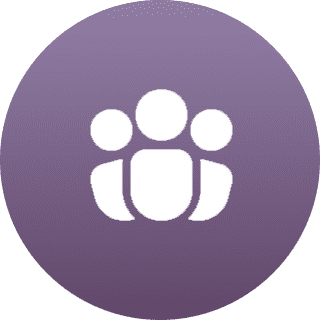 White group icon with three people on a purple circular background.