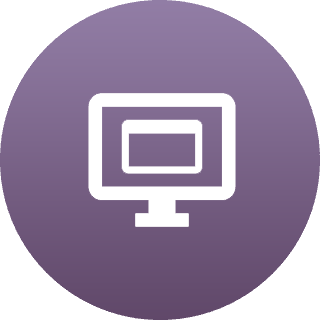 Minimalist computer monitor icon on a purple circular background.