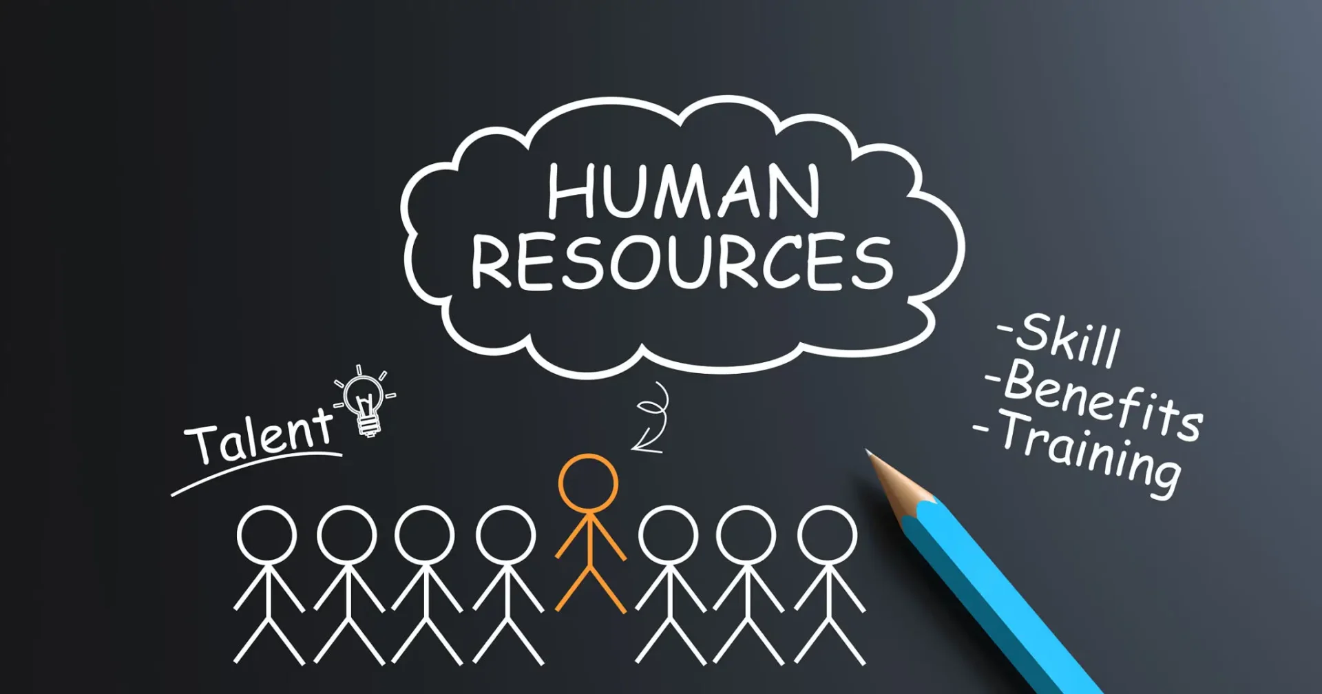 Illustration of human resources with stick figures and a highlighted individual.
