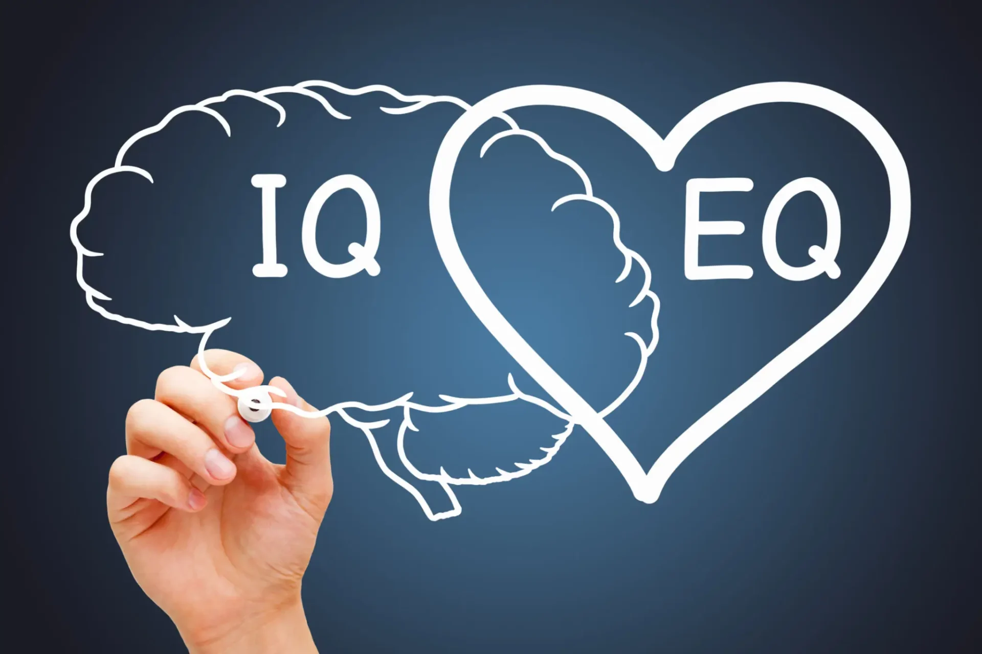 Hand drawing brain and heart labeled IQ and EQ on a blackboard.