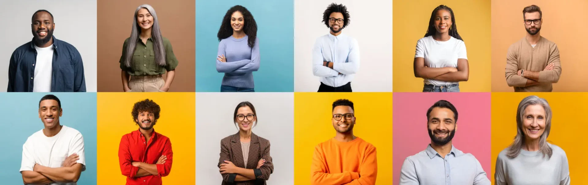 Four diverse professionals smiling confidently against colorful backgrounds.